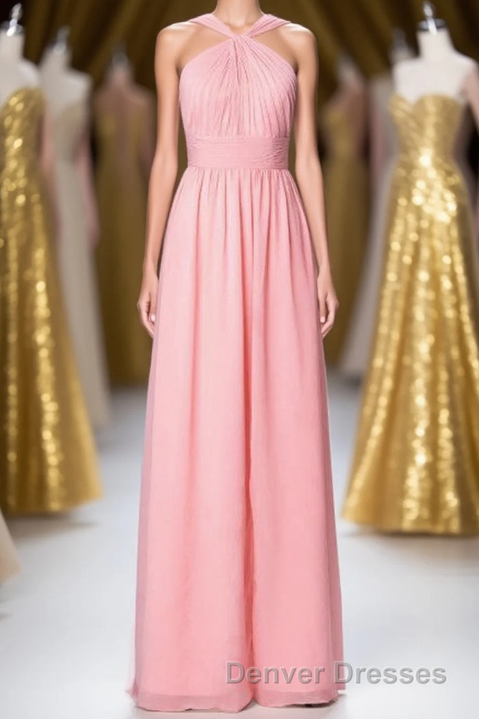 Pink Chiffon Halter Backless A-Line Long Bridesmaid Dress Main image