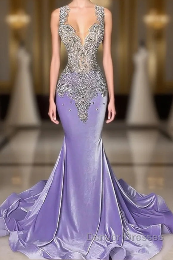 Lilac Mermaid Prom Dress with Scoop Neckline Sleeveless and Crystal Beadings