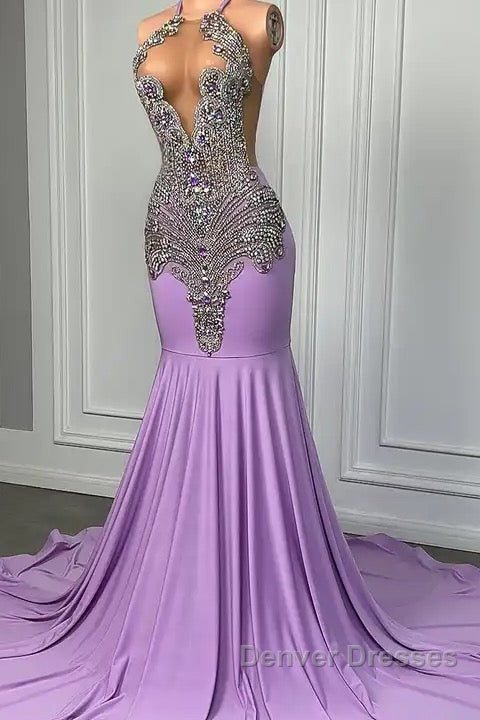 Long Lilac Sleeveless Halter Mermaid Prom Dress With Beadings Secondary image