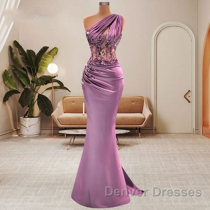 Lilac One Shoulder Mermaid Prom Dress with Beads