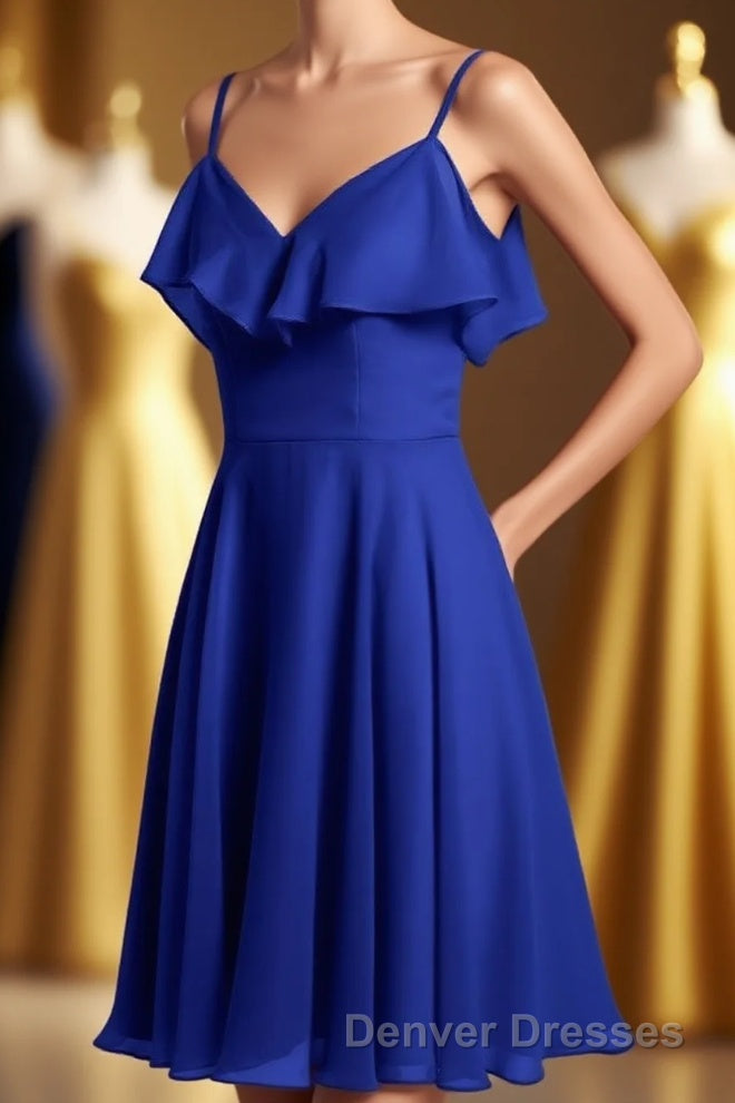 Royal Blue Spaghetti Straps Ruffled A-Line Short Bridesmaid Dress Main image