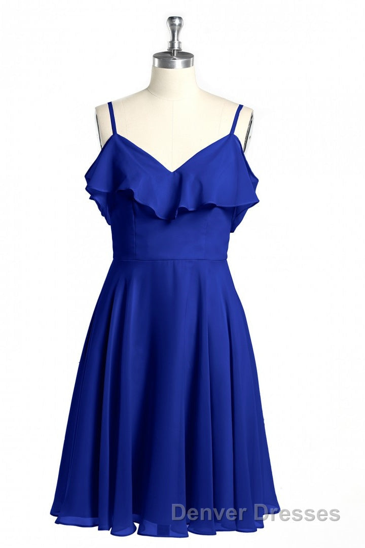 Royal Blue Spaghetti Straps Ruffled A-Line Short Bridesmaid Dress