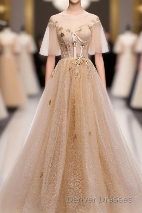 Champagne Round Neck Tulle Lace Long Prom Dress, Formal Dress