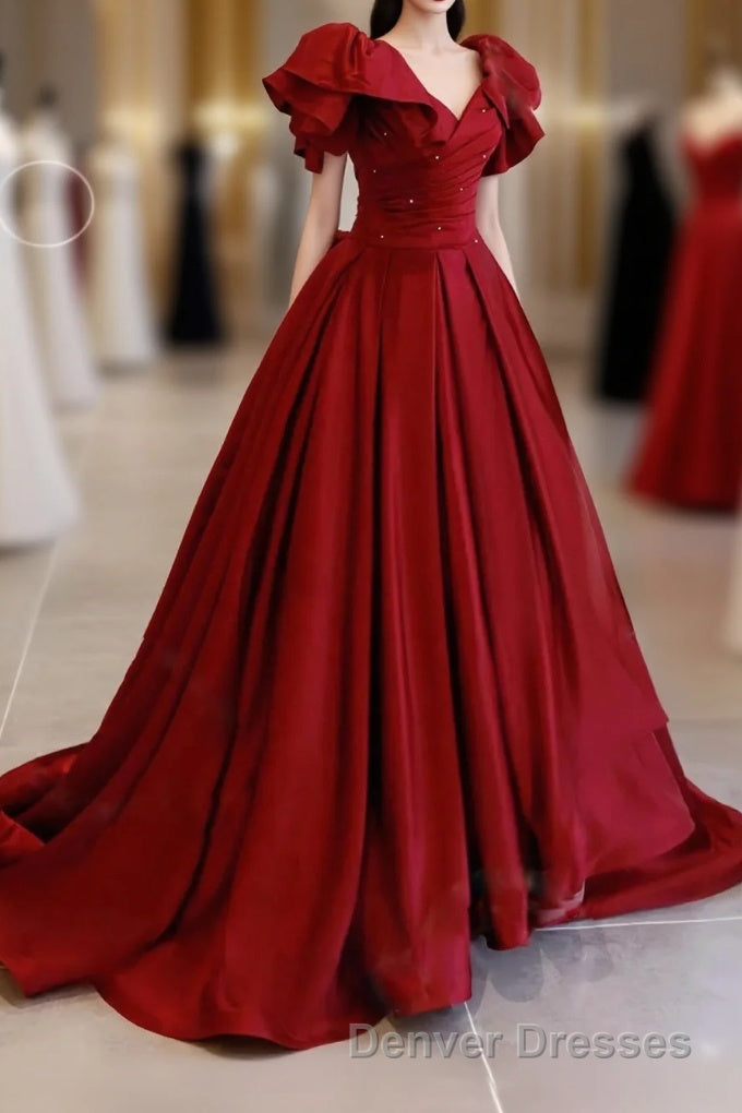 Simple Burgundy Satin Long Prom Dress, Burgundy Long Evening Dress Main image