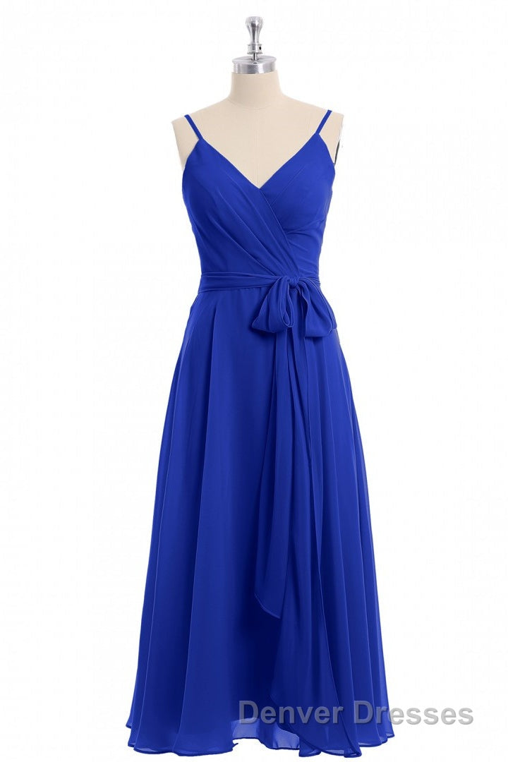 Royal Blue V-Neck Spaghetti Straps Tea-Length Bridesmaid Dress