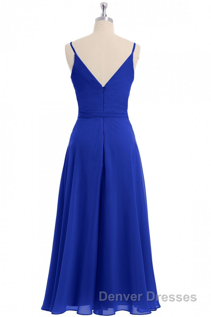 Royal Blue V-Neck Spaghetti Straps Tea-Length Bridesmaid Dress