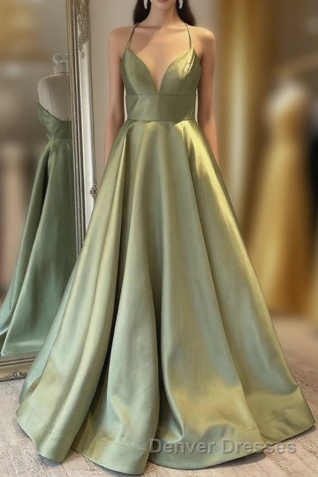 Green Simple A Line Satin Spaghetti Straps Long Prom Dress Main image