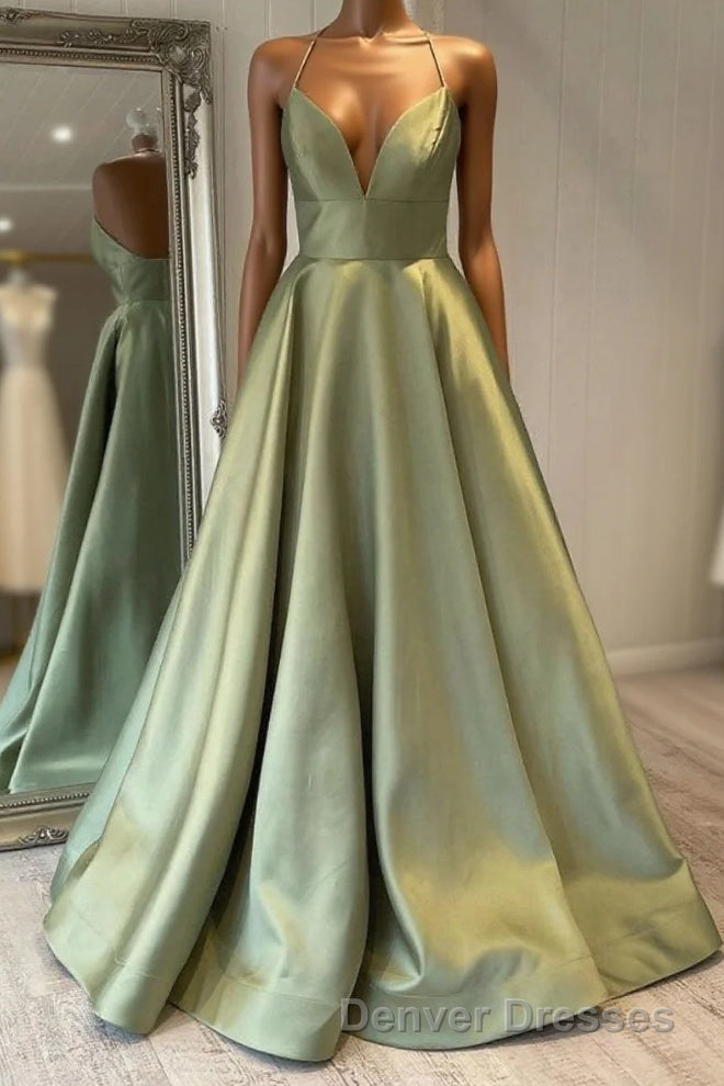 Green Simple A Line Satin Spaghetti Straps Long Prom Dress Main image