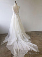 Simple White V Neck Tulle Long Prom Dress, White Evening Dress