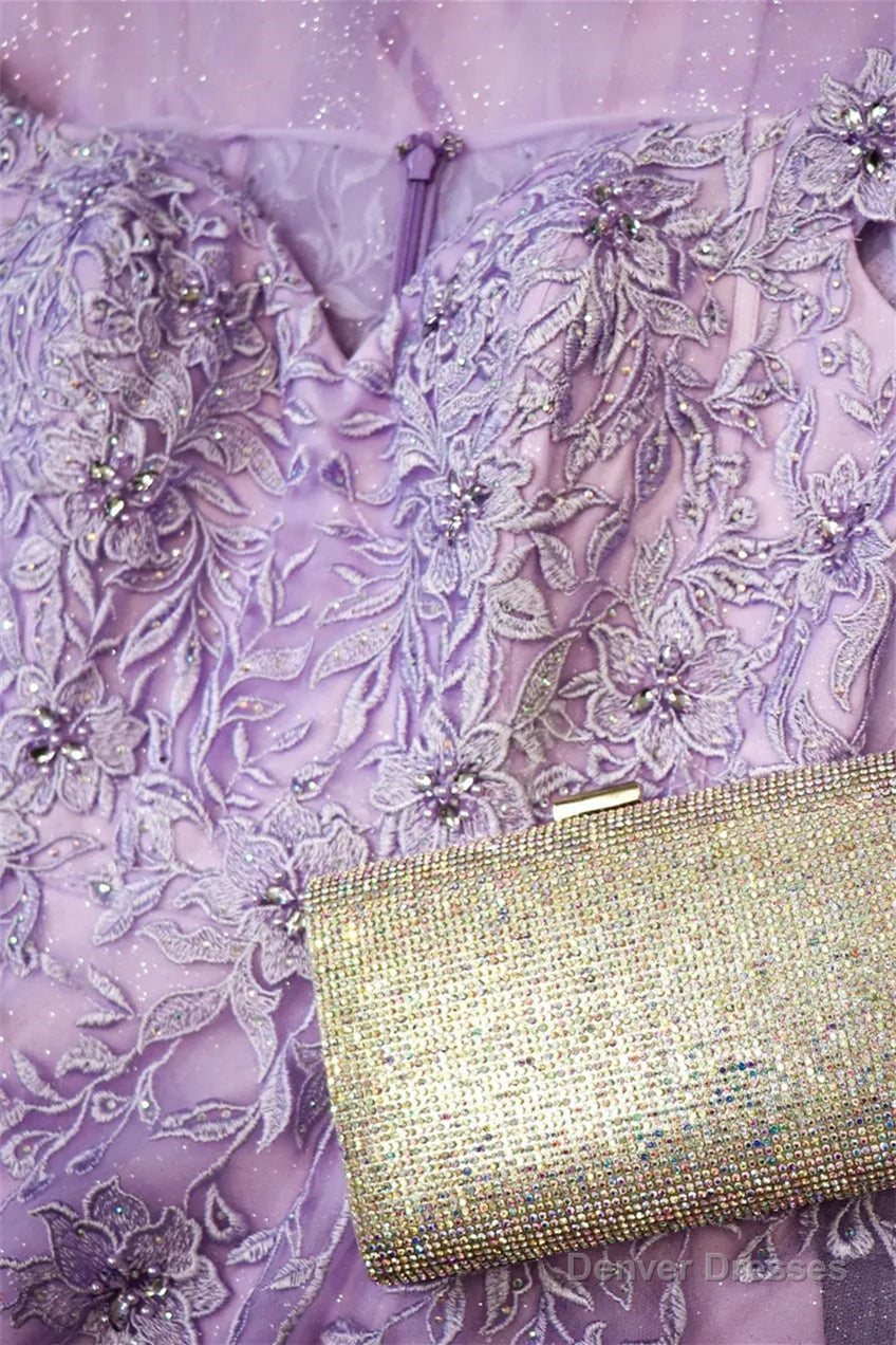 Lilac Off-the-Shoulder Appliques Tulle Long Prom Dress with Slit Secondary image