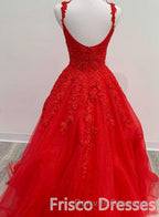 Red Tulle Lace A Line Formal Evening Dress Appliques Long Prom Dress