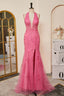 Pink Plunging Halter Appliques Mermaid Long Prom Dress with Slit