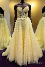 Yellow Lace-Up Floral Multi-Layers Strapless A-line Long Prom Dress