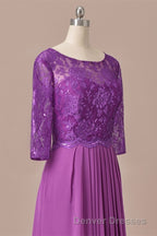 Purple Lace Round Neck Keyhole Back Long Mother of the Bride Dress