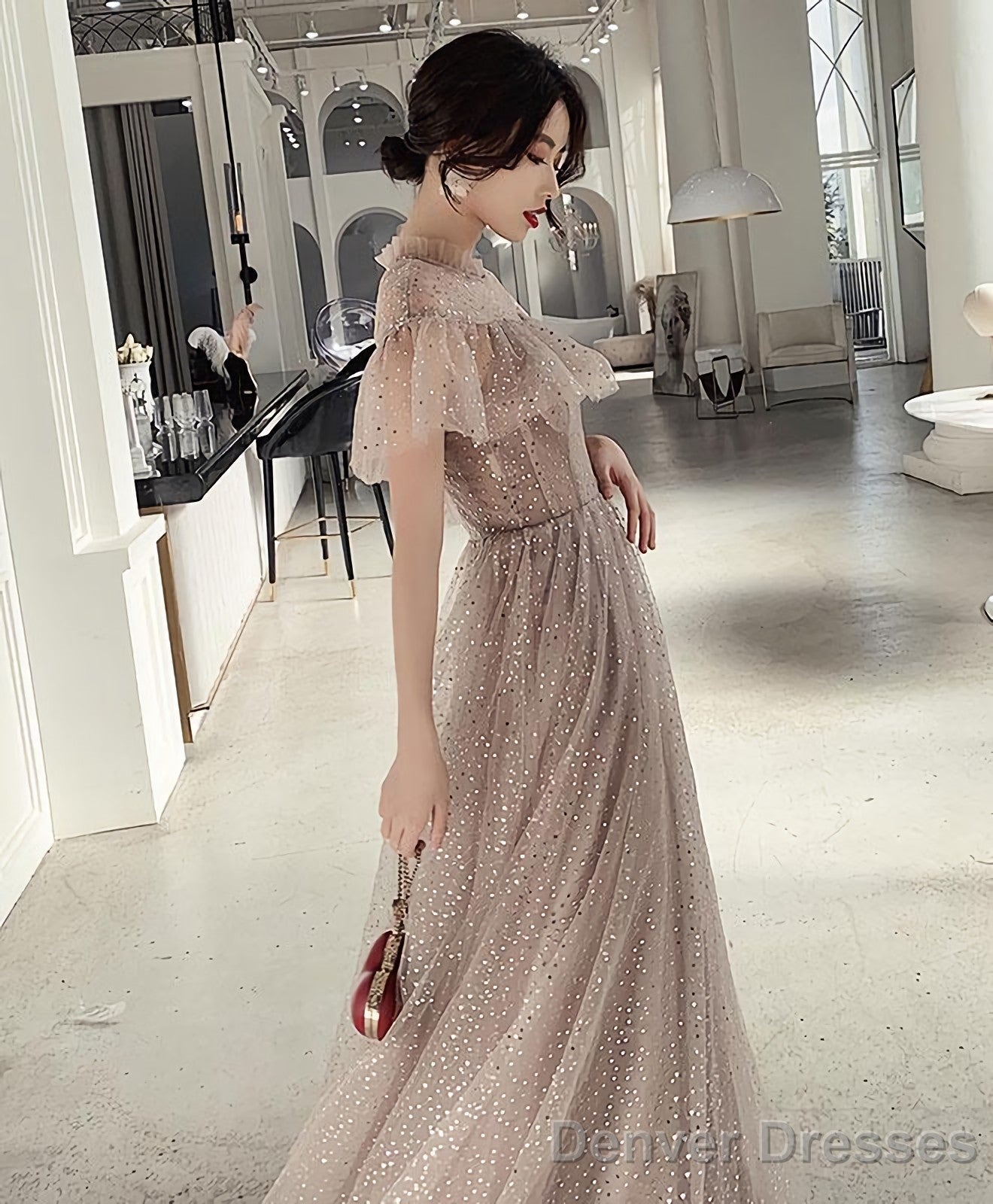 Champagne Tulle Sequin Long Prom Dress Tulle Formal Dress