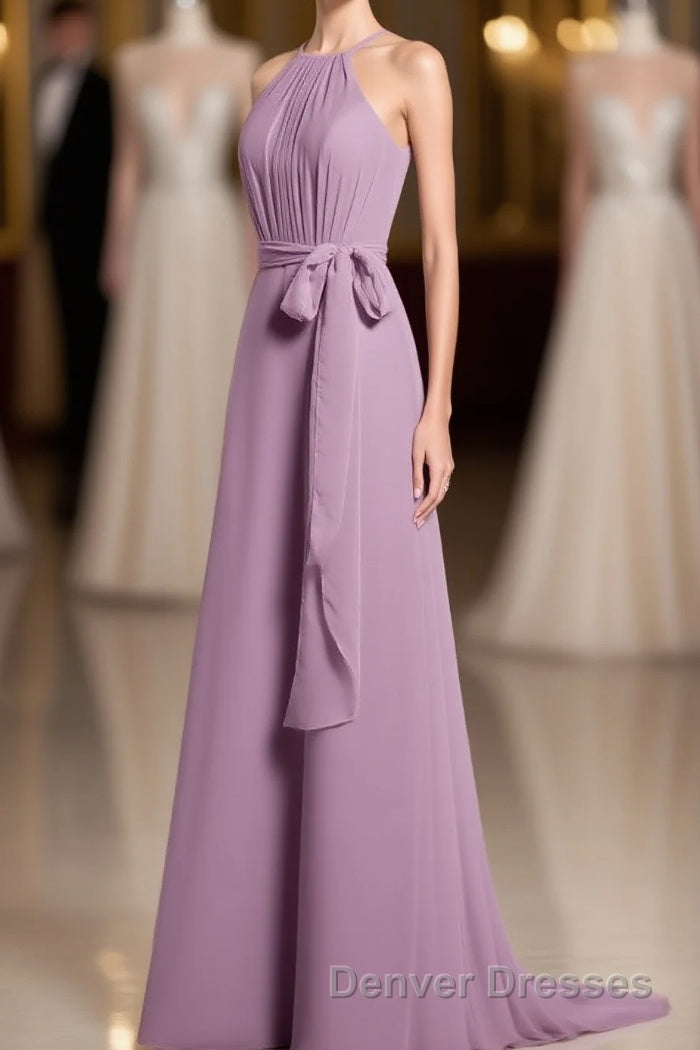 Dusty Purple Halter Keyhole Back Long Bridesmaid Dress
