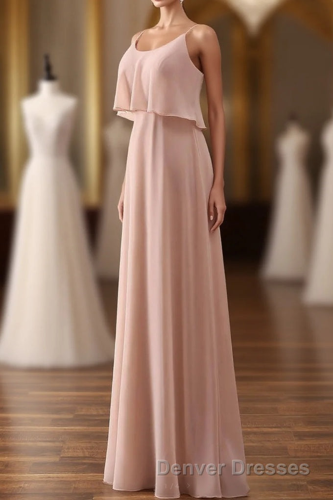 Blush Pink Spaghetti Strap Ruffled Long Bridesmaid Dress Main image