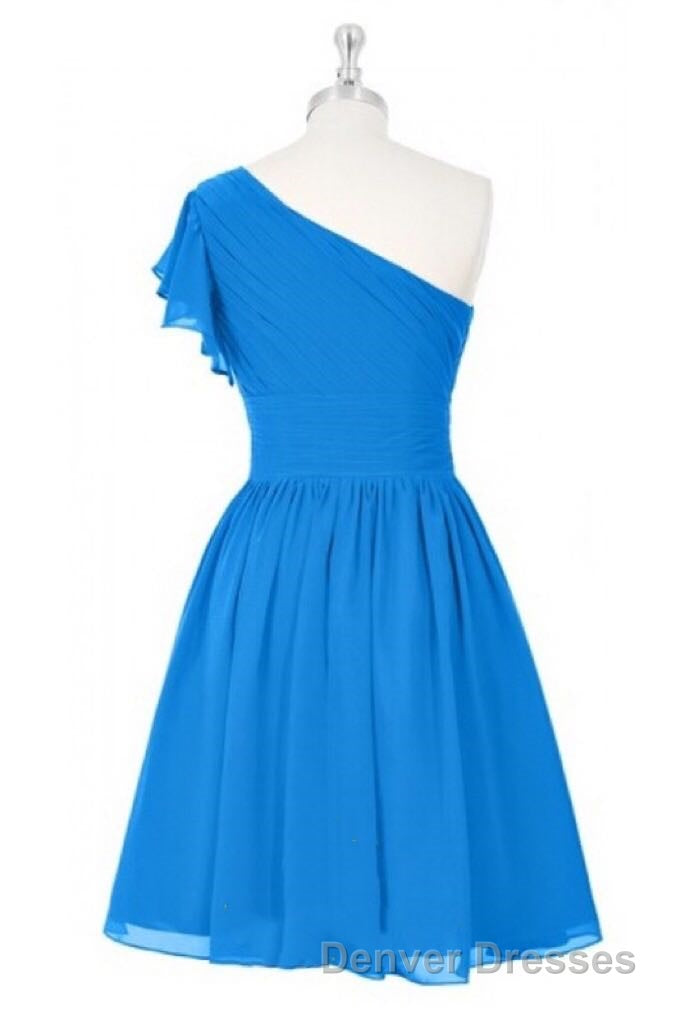 Blue One-Shoulder Ruffled Sleeve Short Bridesmaid Dress Secondary image