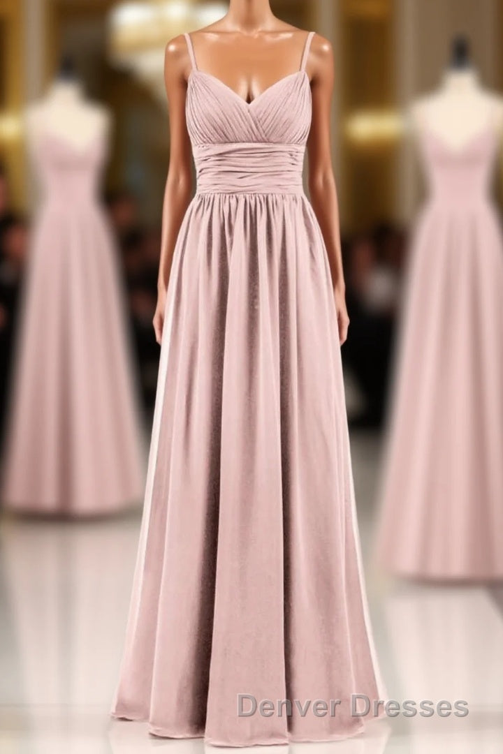 Dusty Pink Spaghetti Straps Banded Waist Long Bridesmaid Dress
