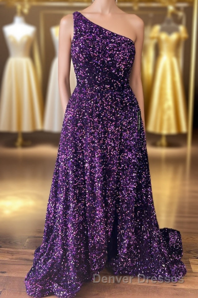 Purple Sequin One-Shoulder Backless A-Line Long Prom Dress Main image