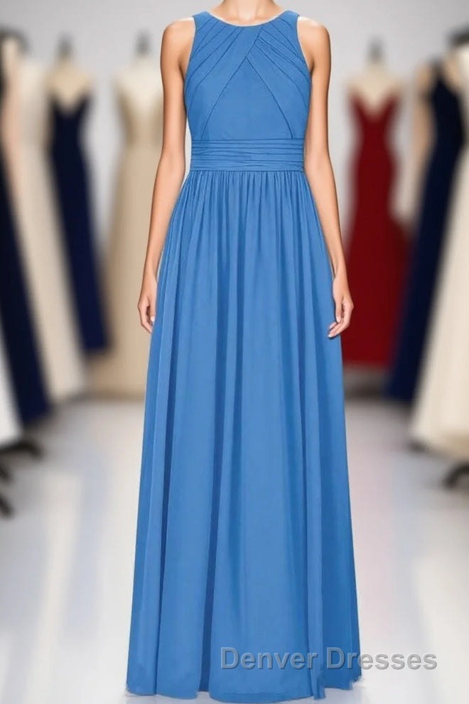 Brami Blue Chiffon Sleeveless Long Bridesmaid Dress