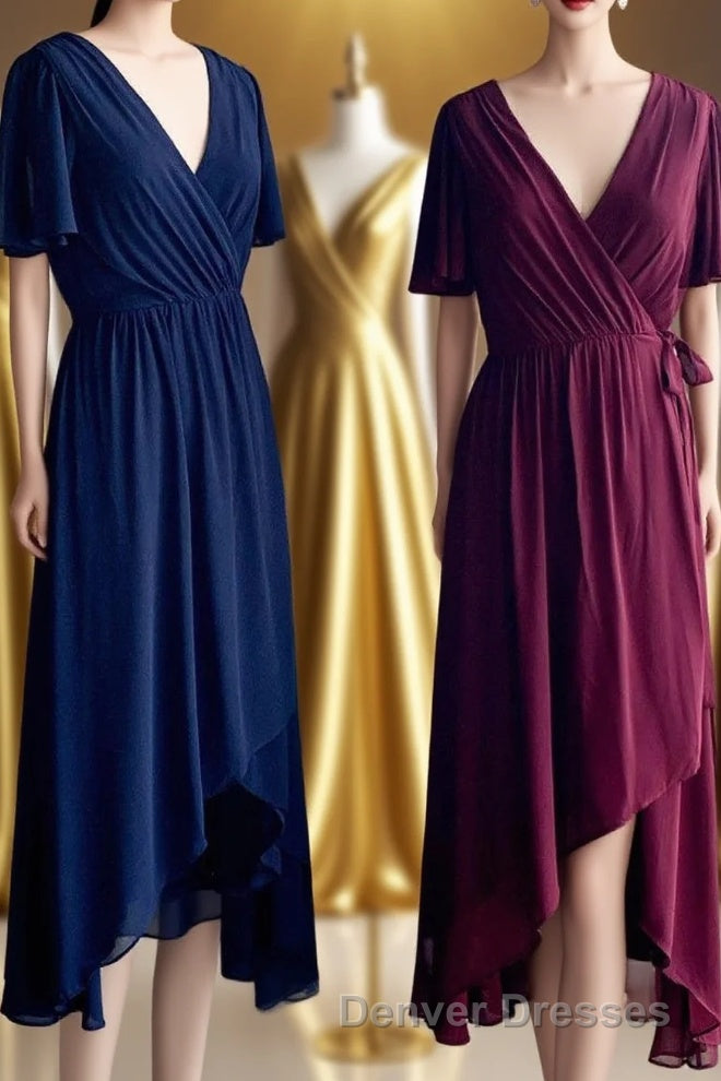 Faux-Wrap V Neck Pleated Chiffon Hi-Low Bridesmaid Dress with Sleeves Main image