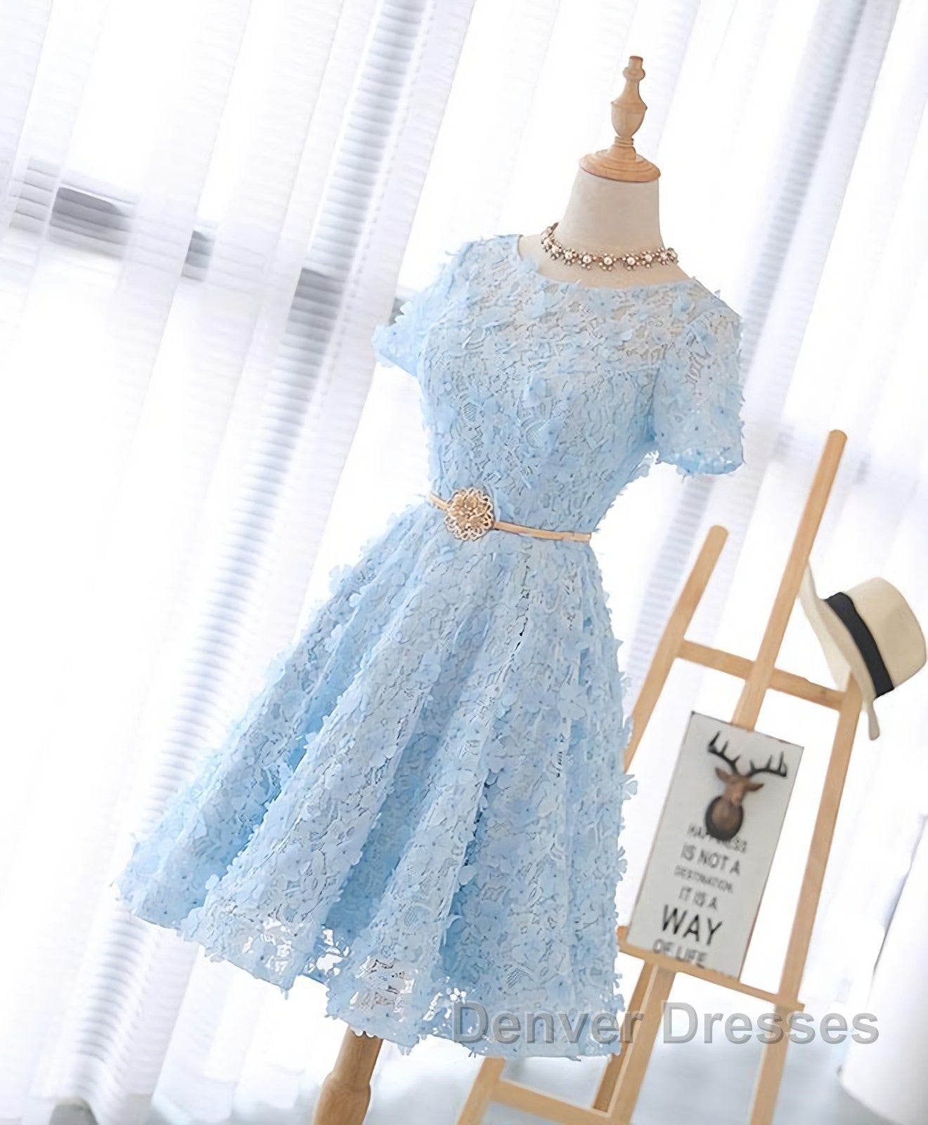 Cute Blue Lace Short Prom Dress, Blue Homecoming Dress Secondary image