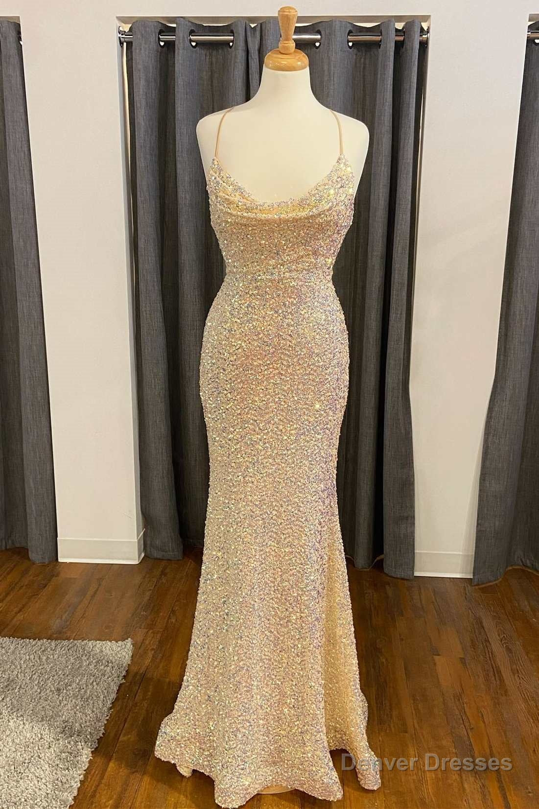 Iridescent Sequin Cowl Neck Mermaid Long Prom Dress Main image