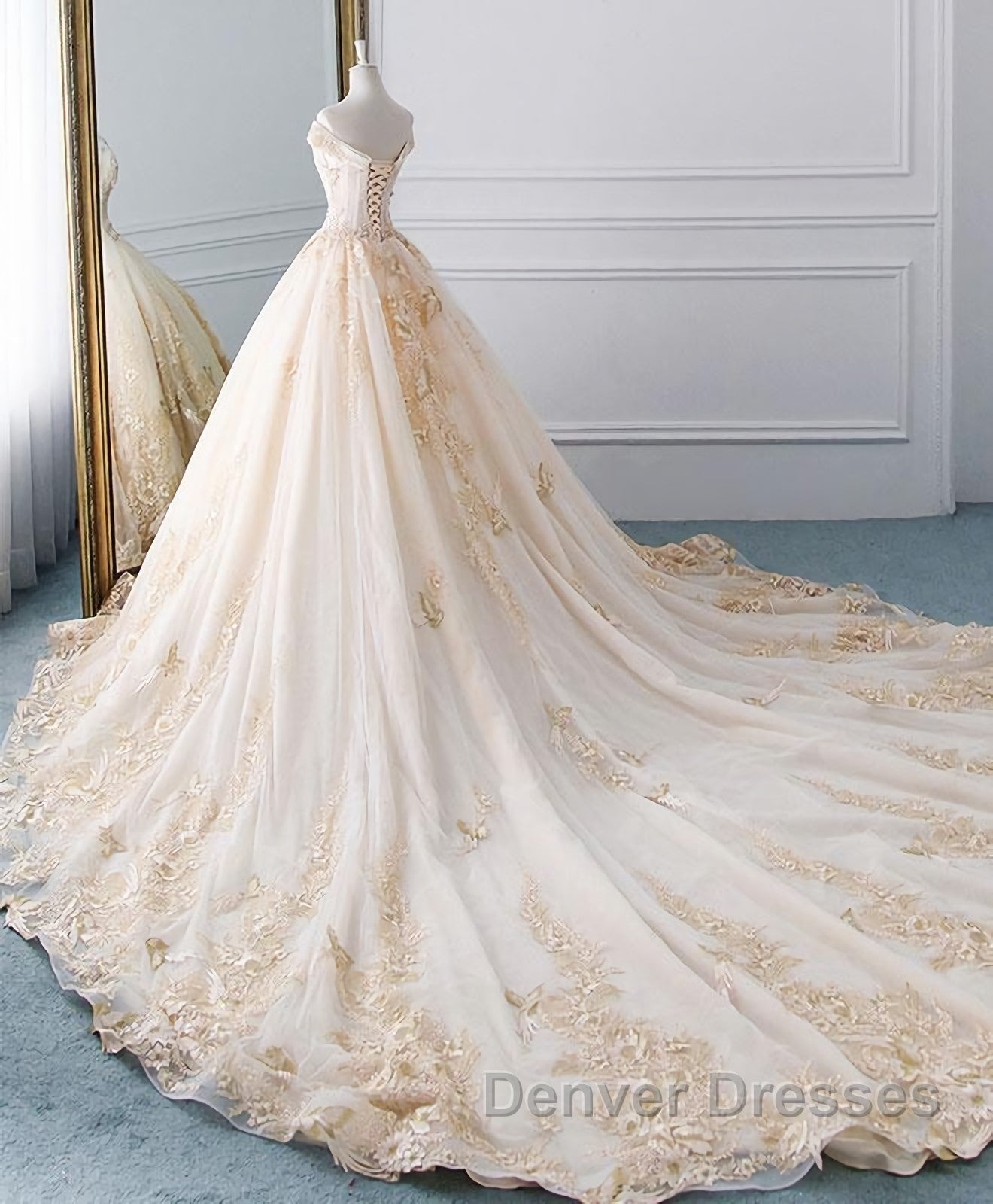 Unique Champagne Tulle Lace Long Wedding Dress, Bridal Gown