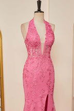 Pink Plunging Halter Appliques Mermaid Long Prom Dress with Slit