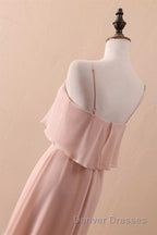Blush Pink Spaghetti Strap Ruffled Long Bridesmaid Dress