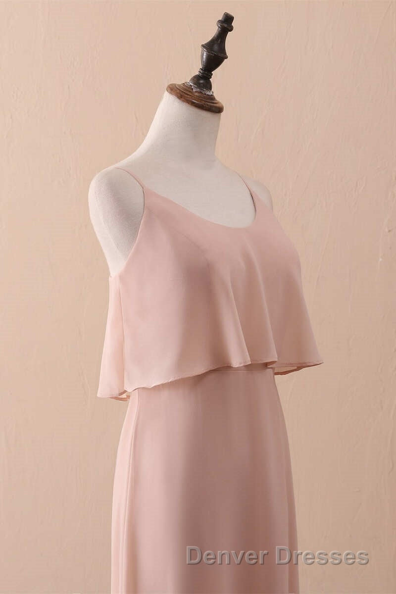 Blush Pink Spaghetti Strap Ruffled Long Bridesmaid Dress