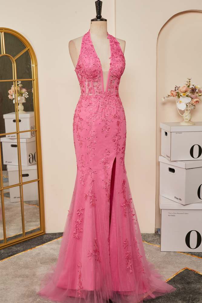 Pink Plunging Halter Appliques Mermaid Long Prom Dress with Slit Secondary image