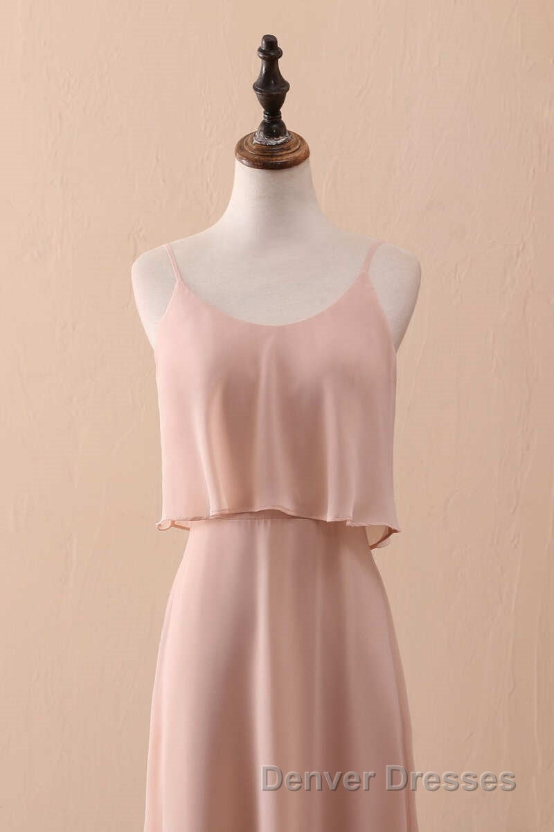 Blush Pink Spaghetti Strap Ruffled Long Bridesmaid Dress