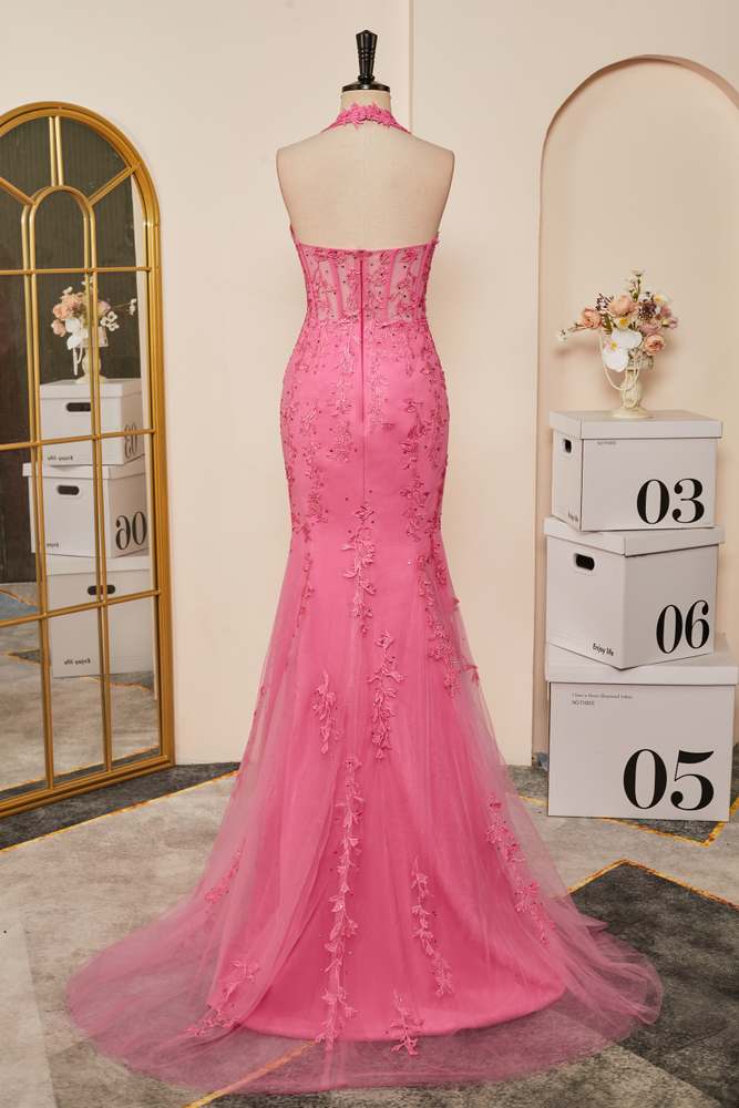 Pink Plunging Halter Appliques Mermaid Long Prom Dress with Slit Main image