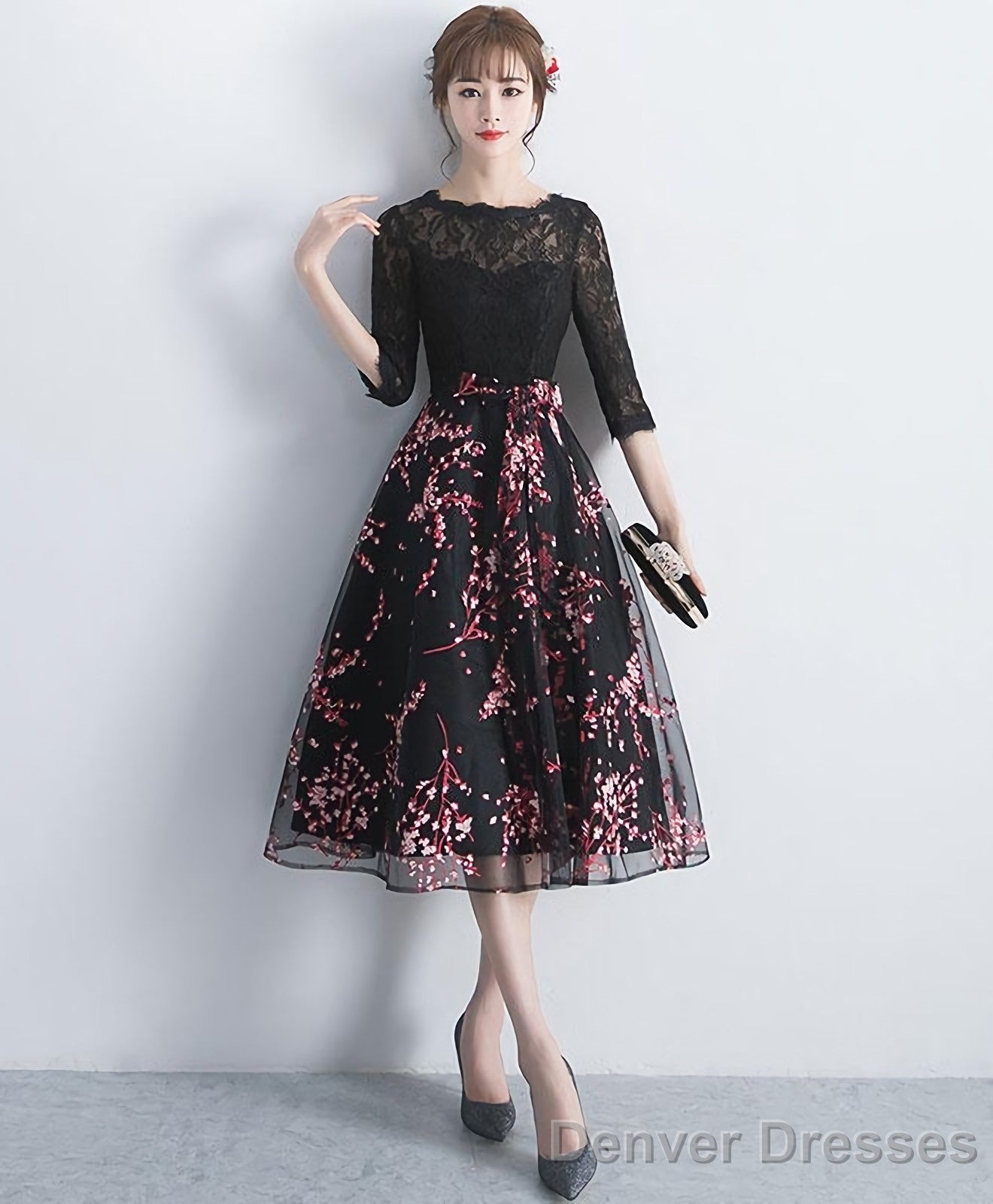 Black Lace Tulle Short Prom Dress Black Lace Bridesmaid Dress Main image