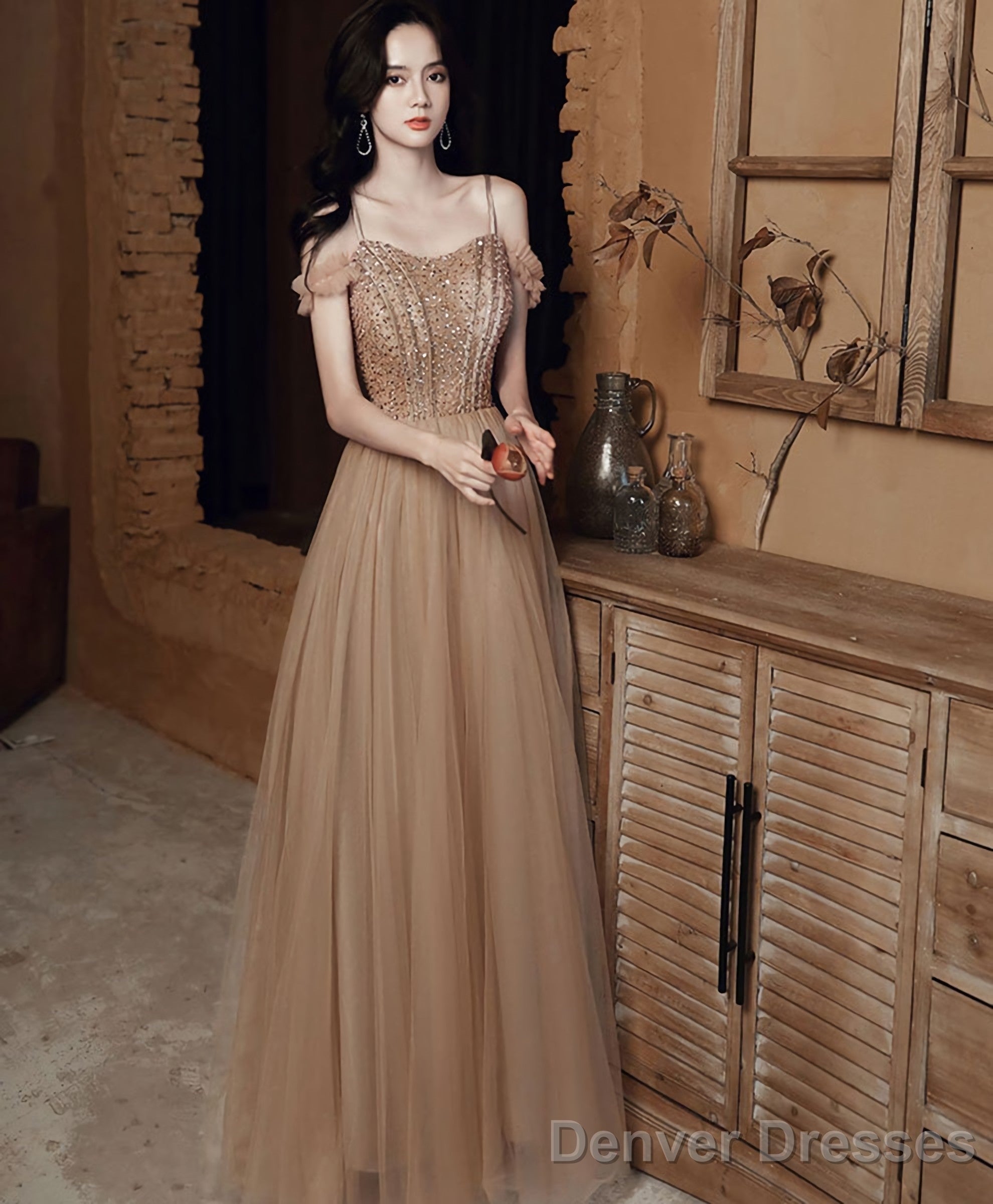 Champagne Sweetheart Tulle Sequin Long Prom Dress Secondary image