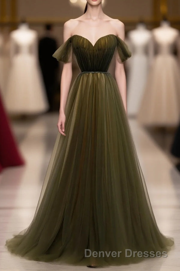 Simple Sweetheart Tulle Off Shoulder Long Prom Dress, Tulle Formal Dress Main image