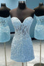 Blue Appliques Strapless Short Party Dress