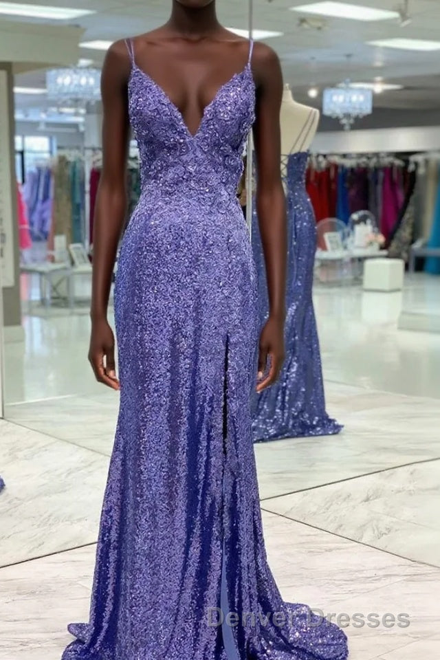 Tight Purple Sequined Long Prom Dress with Slit