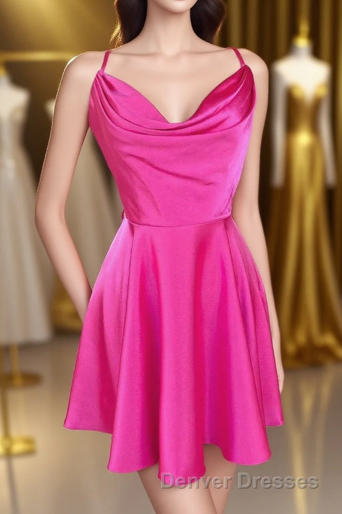 Neon Pink Cowl Neck A-Line Homecoming Dress Main image