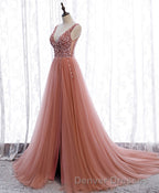 Pink V Neck Tulle Sequin Long Prom Dress, Pink Formal Dress
