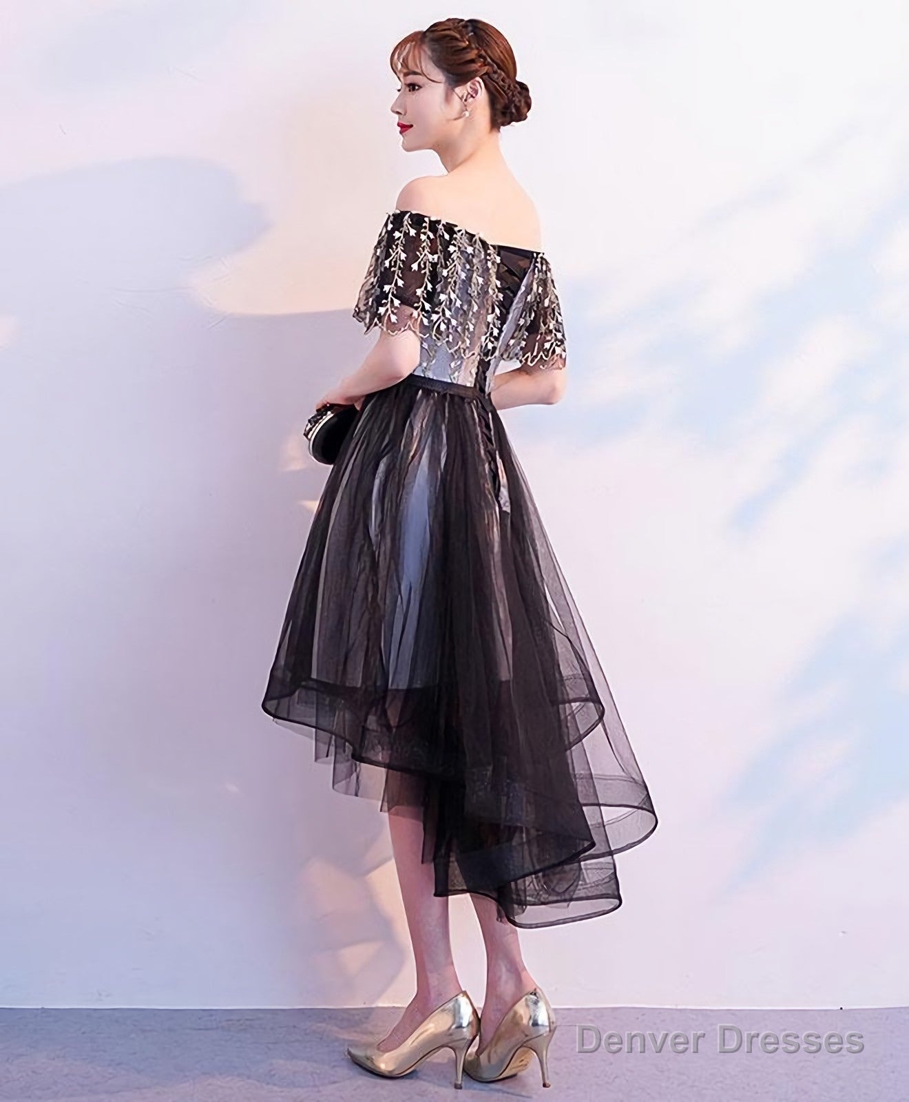 Black Tulle Lace Short Prom Dress, Black Tulle Homecoming Dress