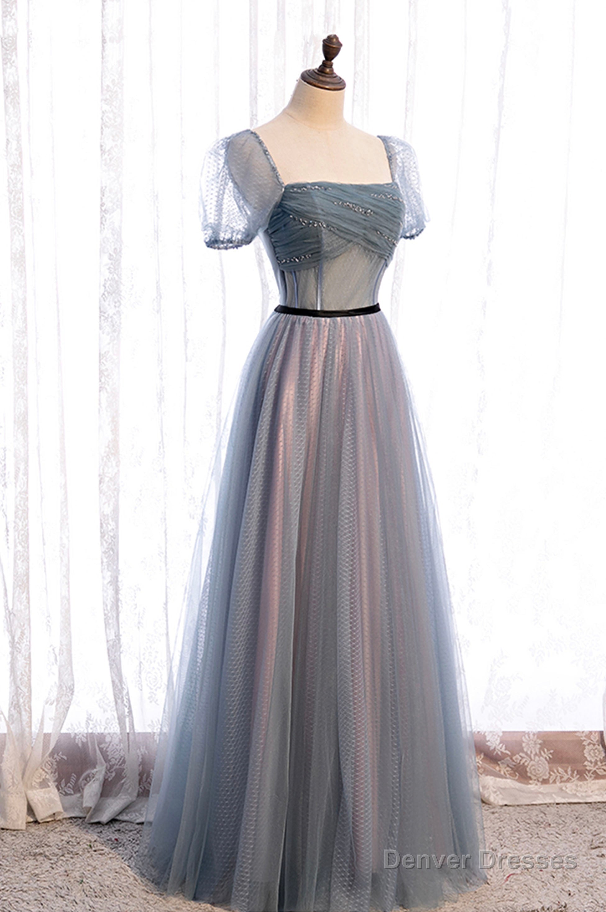 Gray Blue Tulle Long A-Line Prom Dress, Cute Short Sleeve Evening Dress Secondary image