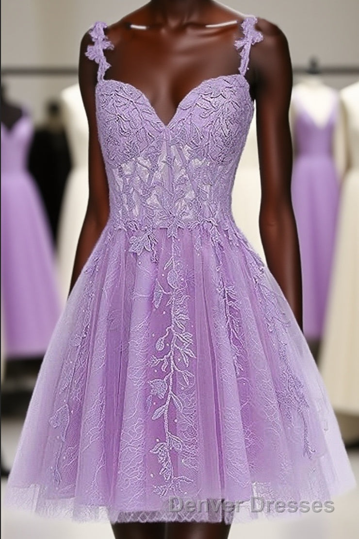 Lavender Tulle Lace Applique Homecoming Dress, Floral Tulle Short Prom Dress Main image