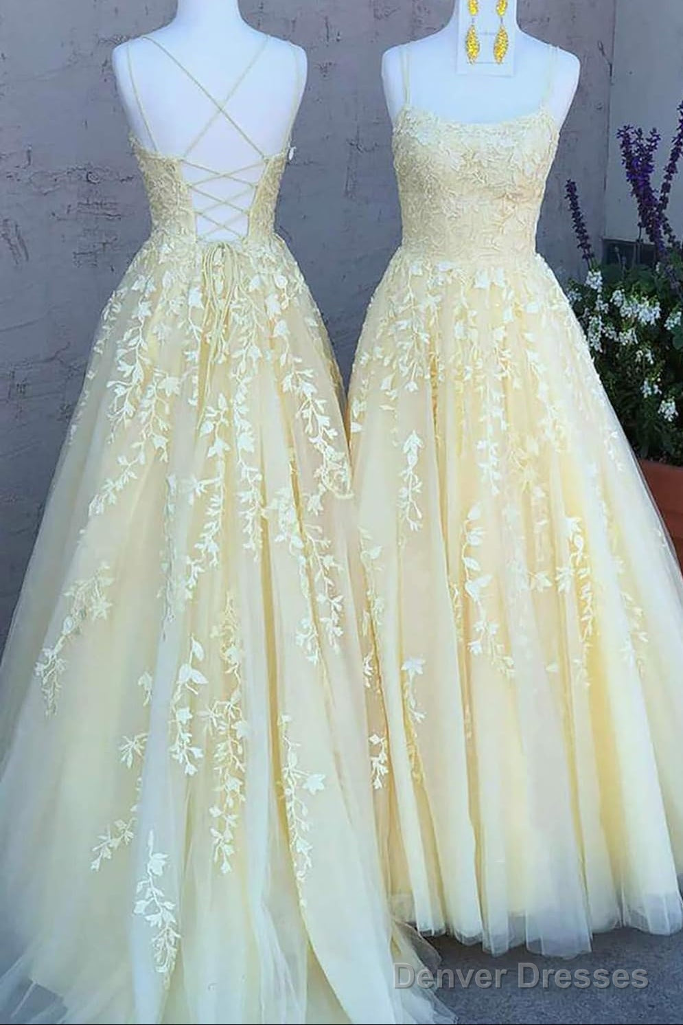 Womens Lace Appliques Prom Dresses Long Spaghetti Strap Ball Gowns Tulle Formal Dresses for Party Main image