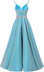 Spaghetti Straps Prom Dresses Long Satin Beaded V-Neck Formal Evening Party Ball Gowns with Pockets