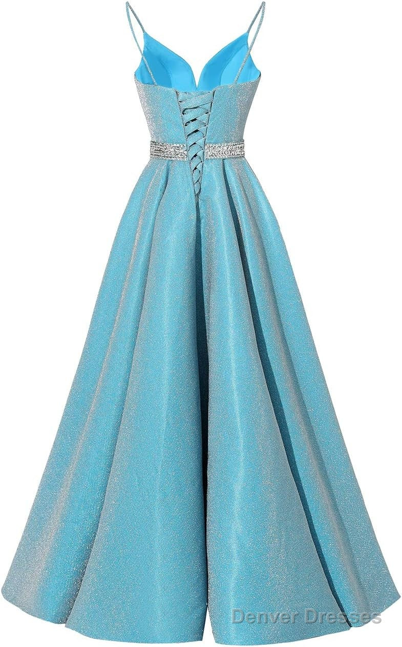 Spaghetti Straps Prom Dresses Long Satin Beaded V-Neck Formal Evening Party Ball Gowns with Pockets