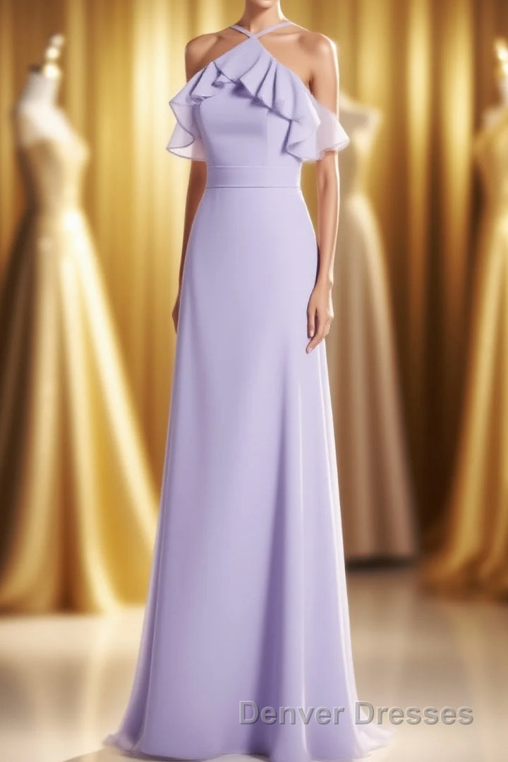 Lavender Halter Ruffled A-Line Long Bridesmaid Dress Main image