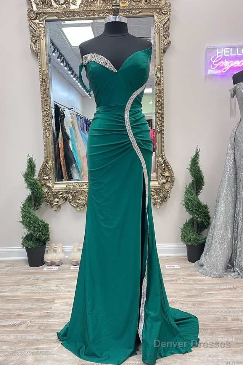 Asymmetrical Green Beaded Mermaid Long Prom Dress with Slit Main image